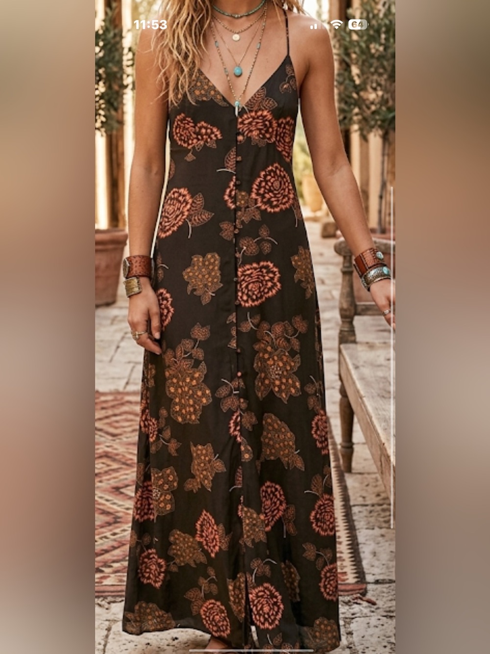 Free People Maxi Dress Floral w/ Chain Back Detail Size 0 Brown & Orange